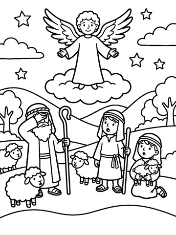 Coloring page: an angel on a cloud appearing to shepherds and their sheep on the hills at night