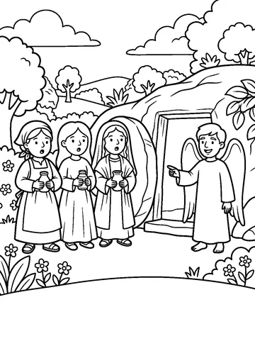 Coloring page: an angel beside the open tomb telling three women holding jars that Jesus has risen