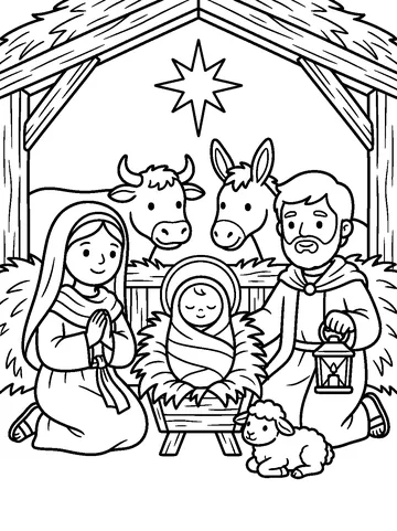 Coloring page: Mary and Joseph kneeling by baby Jesus in the manger, with an ox, a donkey and a lamb in the stable under the star