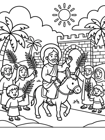 Coloring page: Jesus riding a donkey into Jerusalem while children and families wave palm branches