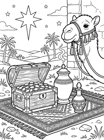 Detailed coloring page: the wise men's gifts, a chest of gold and jars of incense and myrrh, beside a camel under the star
