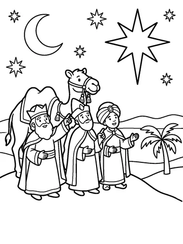Coloring page: three wise men and their camel looking up at a big star and a crescent moon