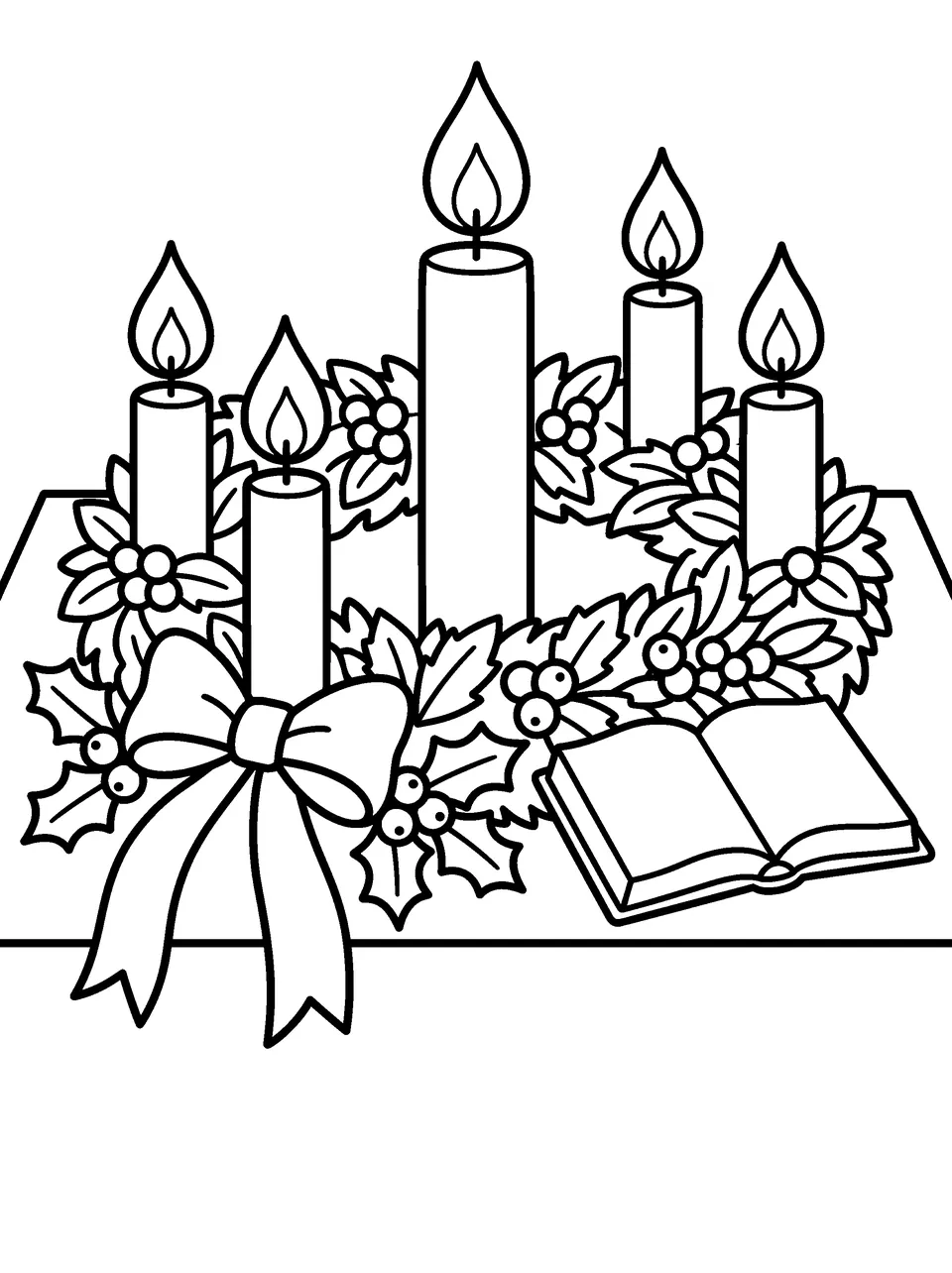 Coloring page: an Advent wreath with five candles, holly, a bow and an open Bible