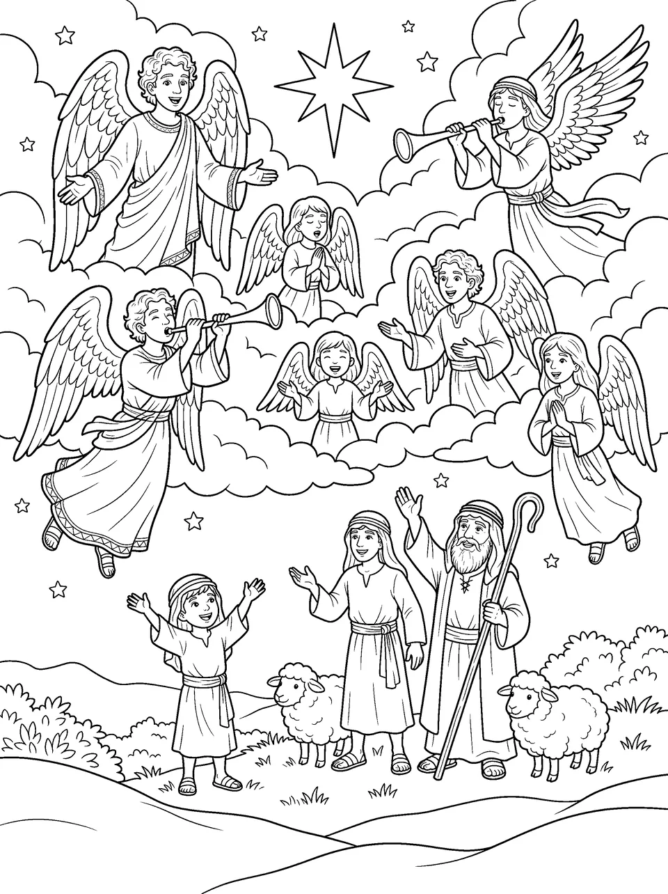 Detailed coloring page: a sky full of angels singing and playing trumpets over shepherds and their sheep