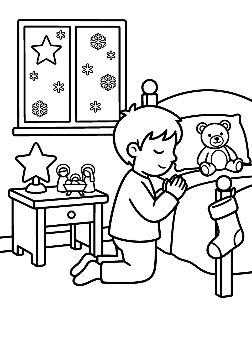 Coloring page: a boy kneeling by his bed to pray, with a star lamp, a teddy bear and a stocking