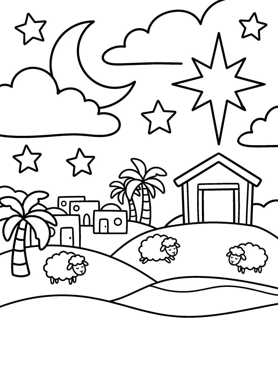 Coloring page: Bethlehem at night with a stable on a hill, sheep, palm trees, a moon and stars