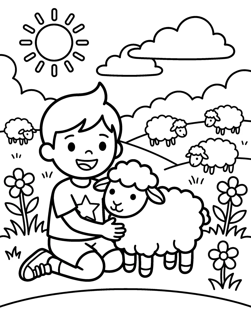 Coloring page: a smiling boy hugging a lamb in a meadow with sheep, flowers and a bright sun