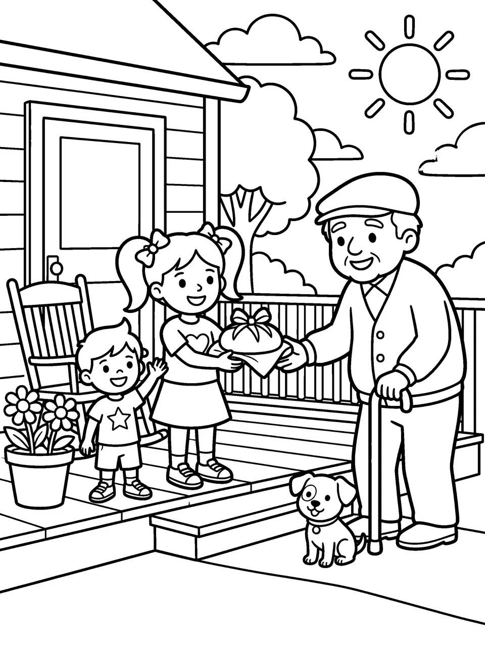 Coloring page: a girl and her little brother handing a wrapped loaf of bread to an older neighbor on his porch