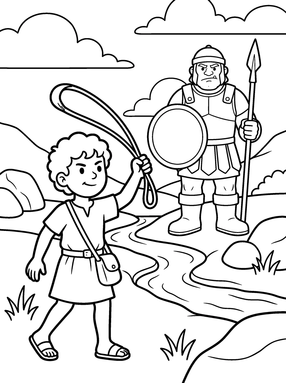 Coloring page: young David swinging his sling while the giant Goliath stands in armor with a spear and shield