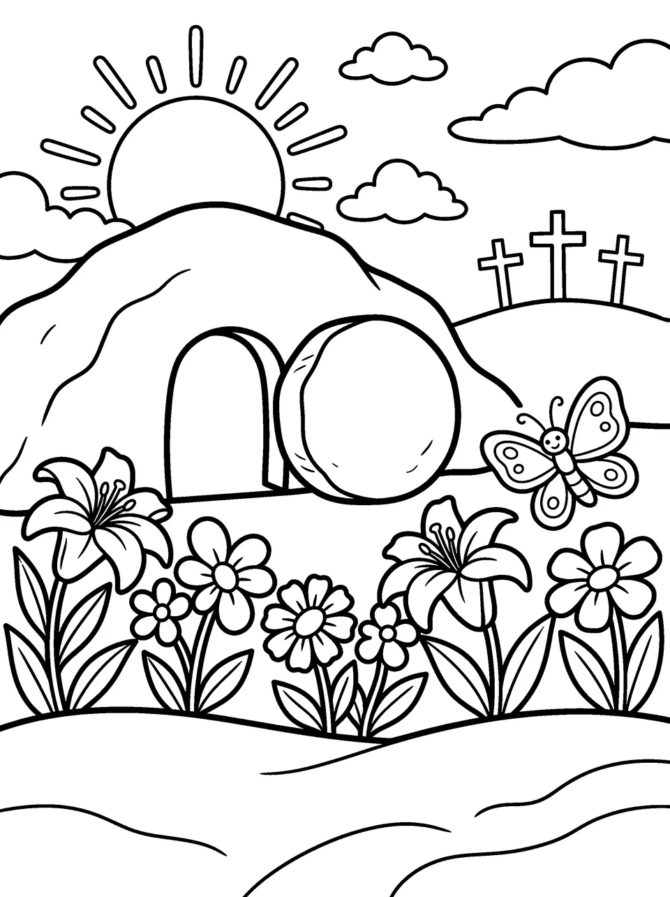 Coloring page: the empty tomb with the stone rolled away, lilies and flowers in front and three crosses on the hill