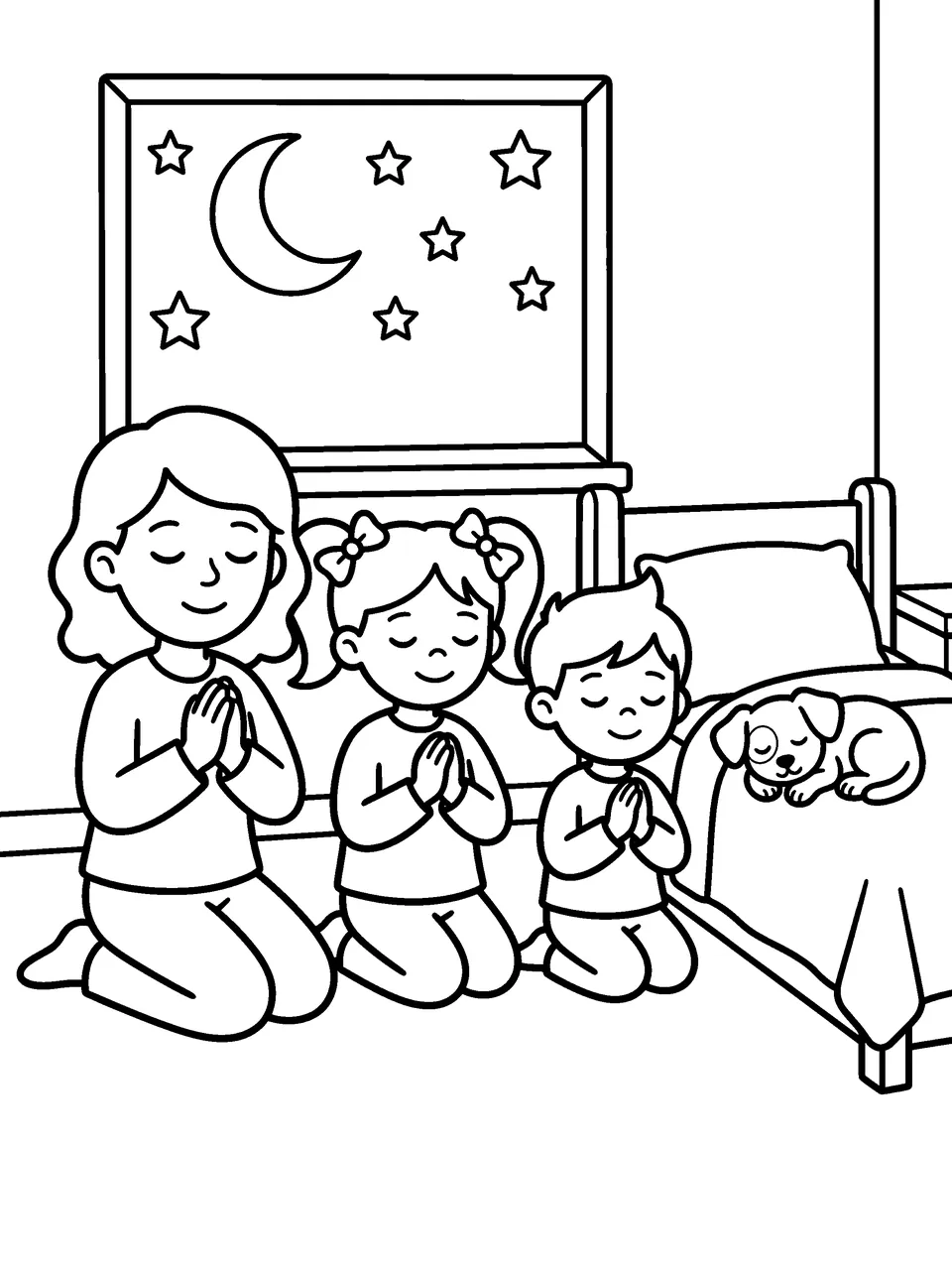 Coloring page: a mother and two children kneeling to pray by the bed under a window with the moon and stars