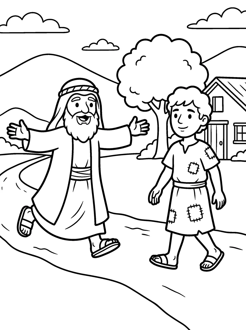 Coloring page: a father running down the road with open arms to welcome his son home