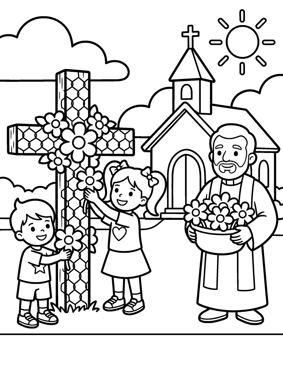 Coloring page: two children and a pastor decorating a cross with flowers outside a little church