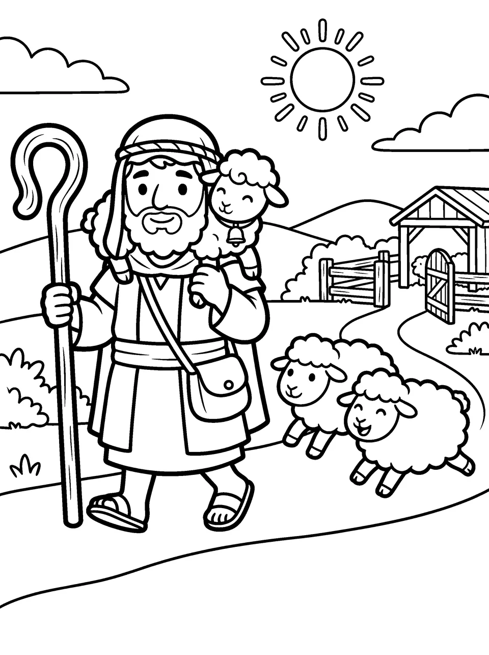 Coloring page: a smiling shepherd carrying a lost lamb home on his shoulders as two more sheep skip along the path