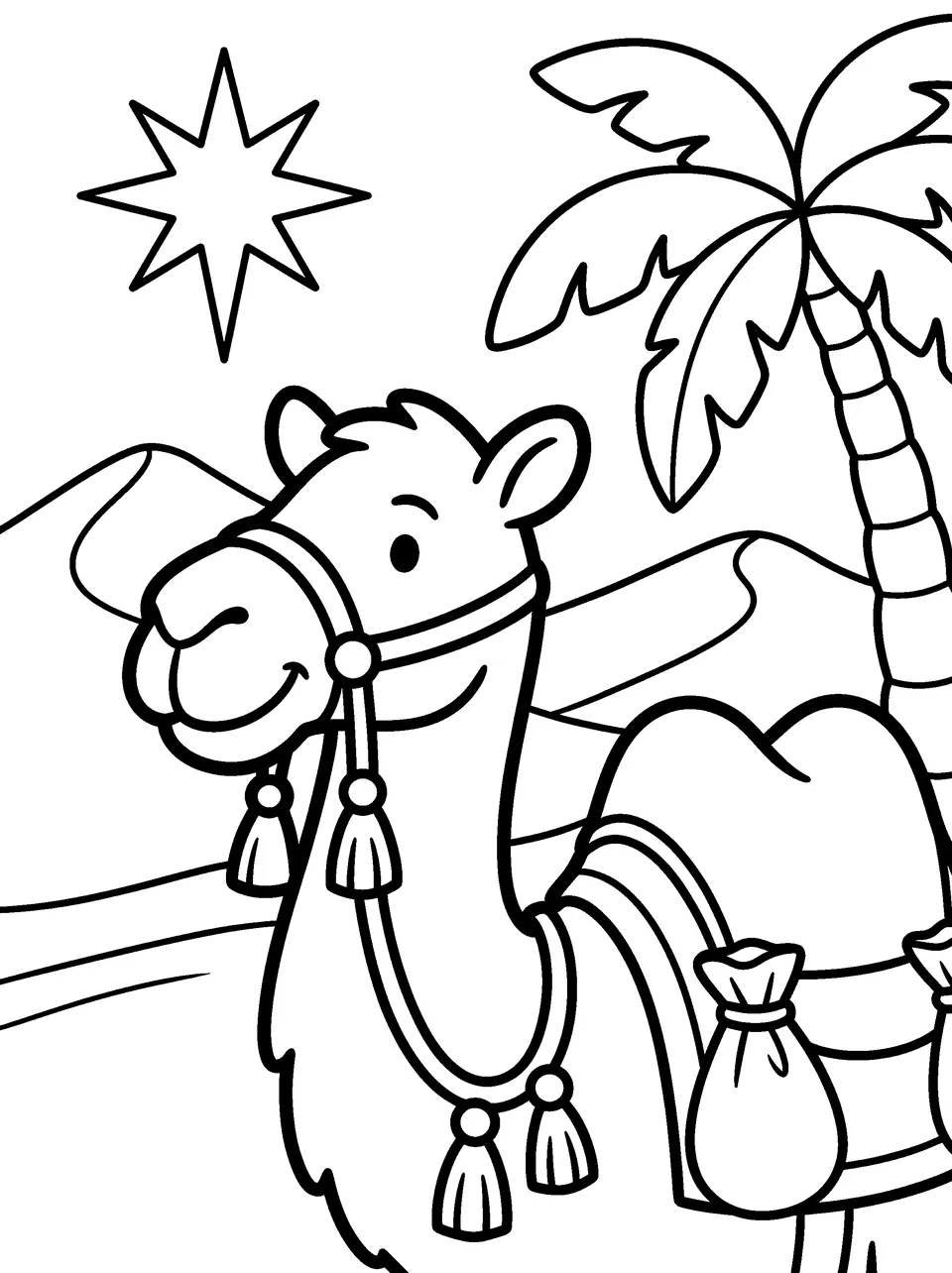 Coloring page: a smiling camel with tassels and a saddle bag in the desert, with a star and a palm tree