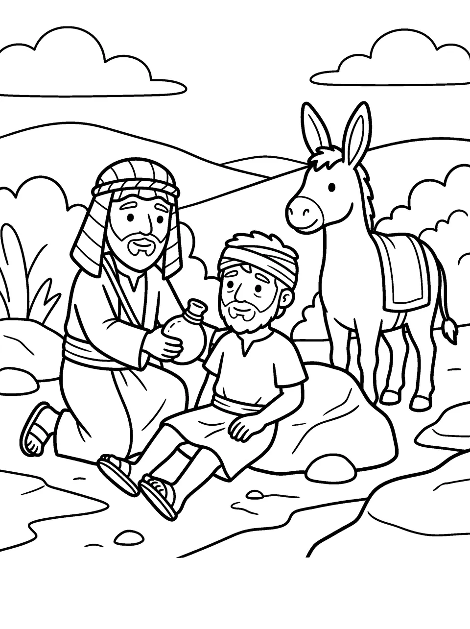 Coloring page: the Good Samaritan kneeling to give water to a hurt man by the road, his donkey waiting nearby