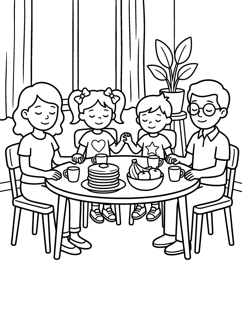 Coloring page: a family holding hands and praying at the breakfast table with pancakes and fruit