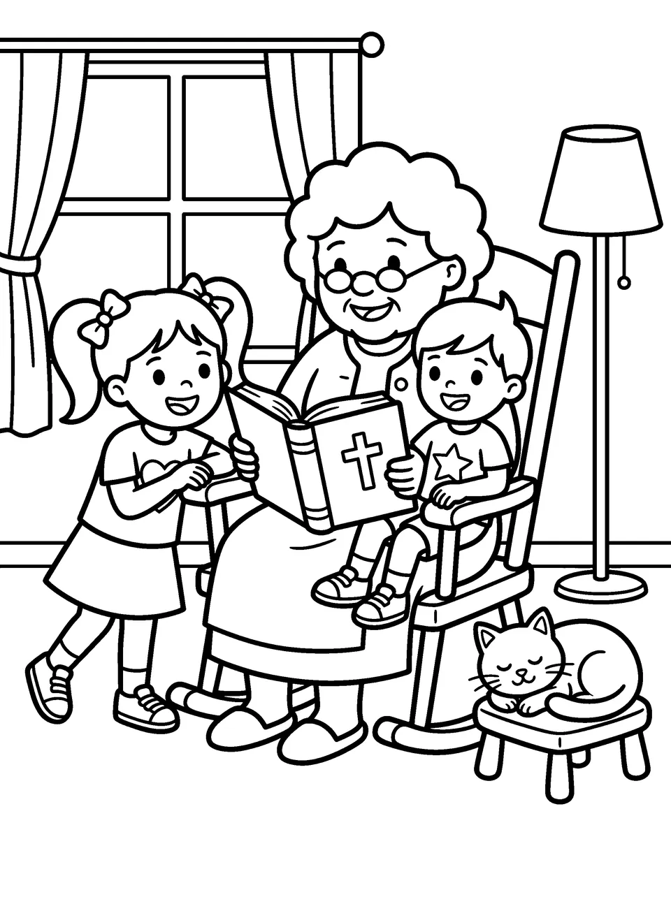 Coloring page: Grandma in a rocking chair reading a Bible to her two grandchildren, a cat asleep at her feet