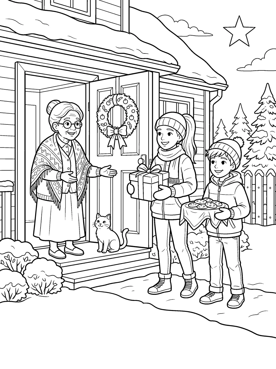 Detailed coloring page: two children in winter coats bringing a gift and treats to an older neighbor's door
