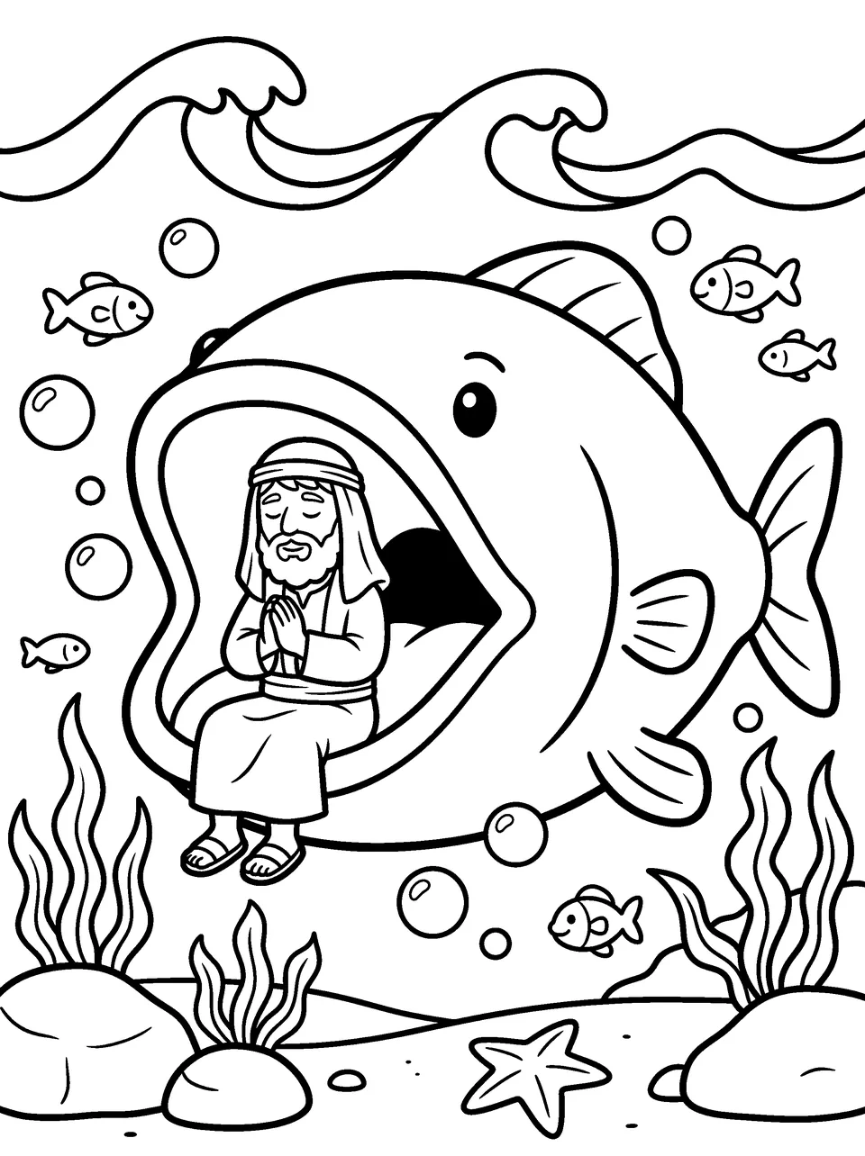 Coloring page: Jonah praying inside the mouth of a big smiling fish under the waves