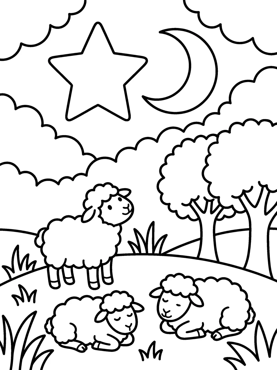 Coloring page: a lamb and two sleeping lambs on a hillside under a big star and a crescent moon