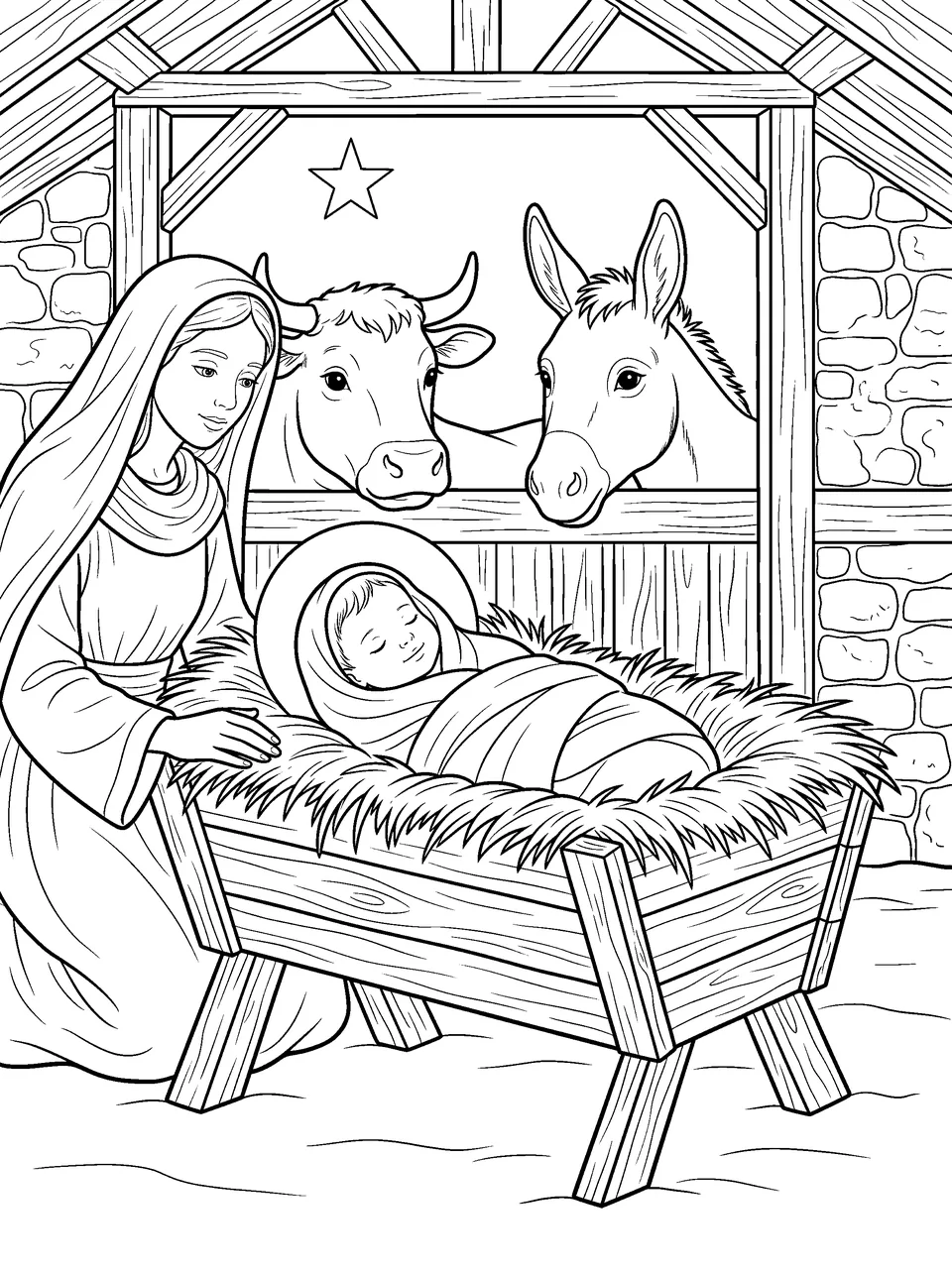 Detailed coloring page: Mary watching over baby Jesus asleep in the manger, with an ox and a donkey looking on