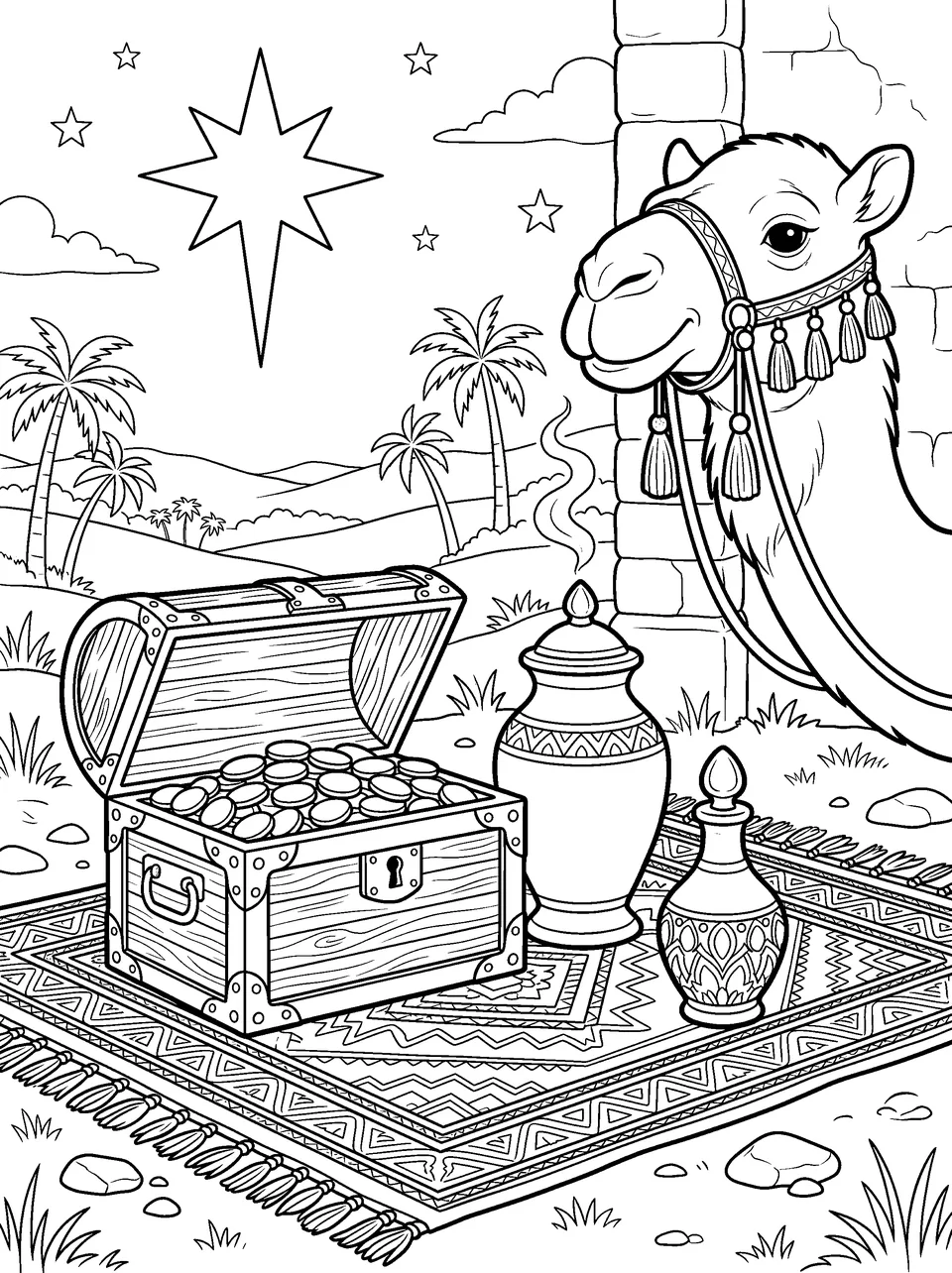 Detailed coloring page: the wise men's gifts, a chest of gold and jars of incense and myrrh, beside a camel under the star