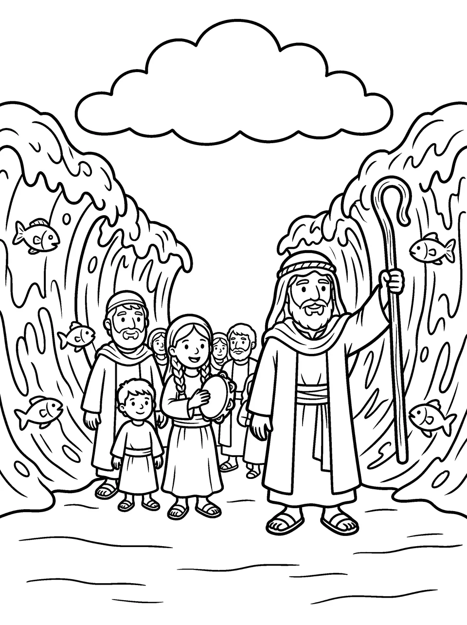 Coloring page: Moses holding up his staff as families walk between two walls of water with fish in them