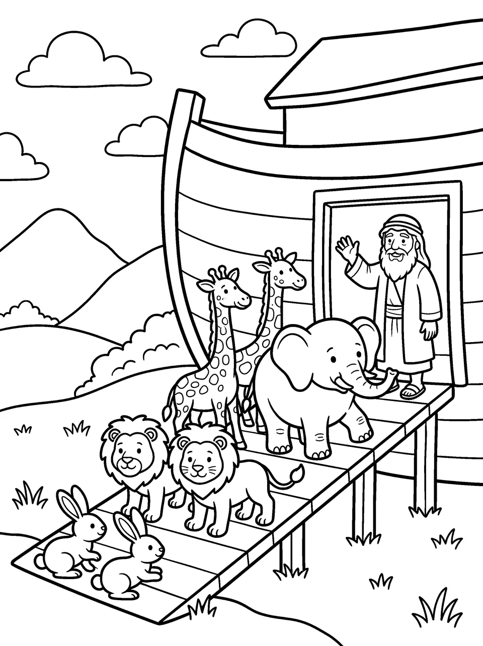 Coloring page: Noah waving from the ark's door as giraffes, an elephant, lions and rabbits walk up the ramp two by two