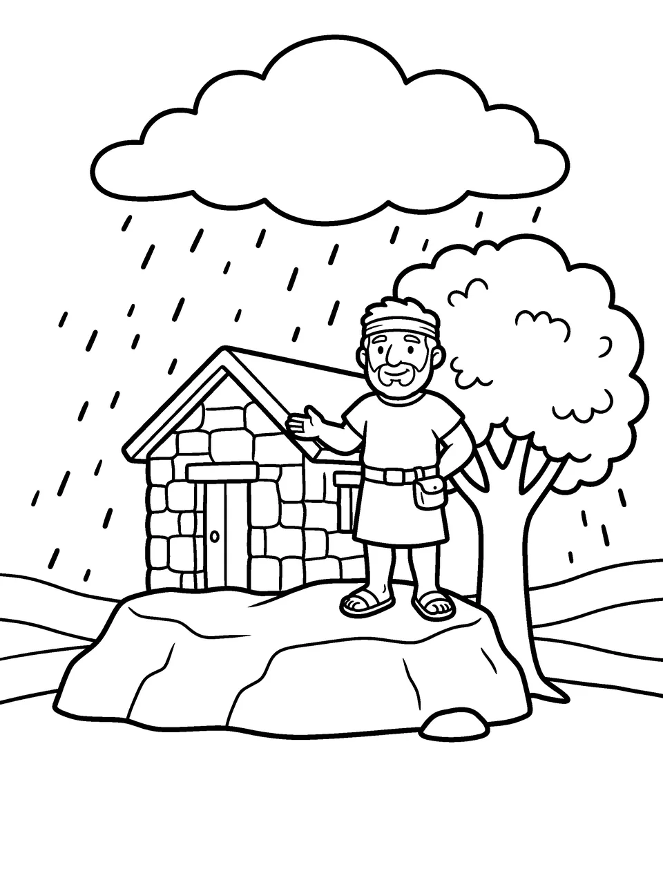 Coloring page: the wise builder standing by his stone house on the rock as rain falls from a cloud